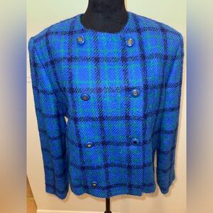 Royal Blue & Green Plaid Double-Breasted Blazer